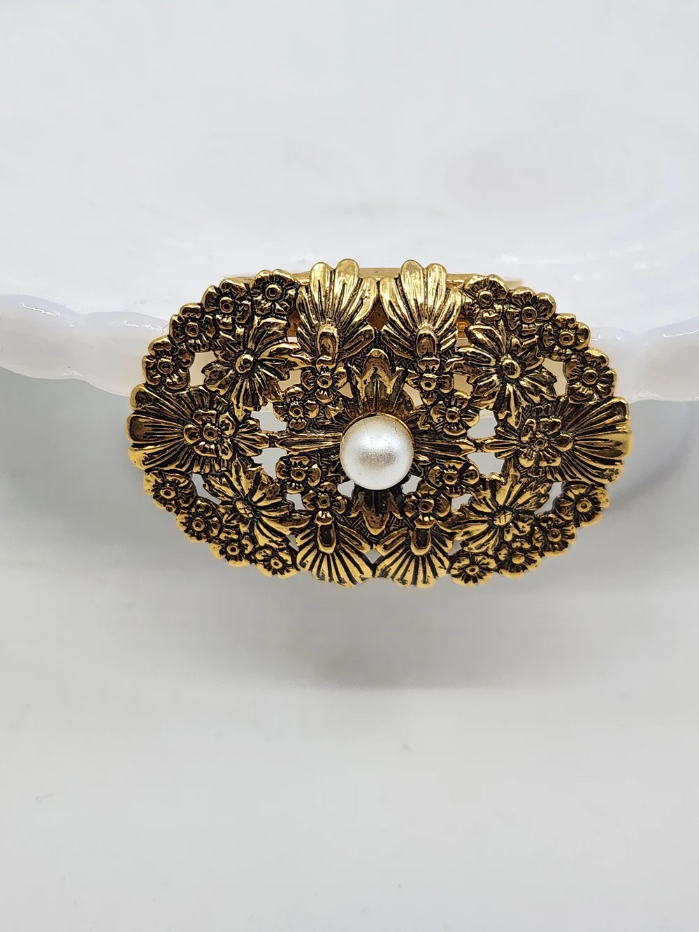 Scarf Clip - Gold-Tone Floral Filigree with Faux Pearl Accent